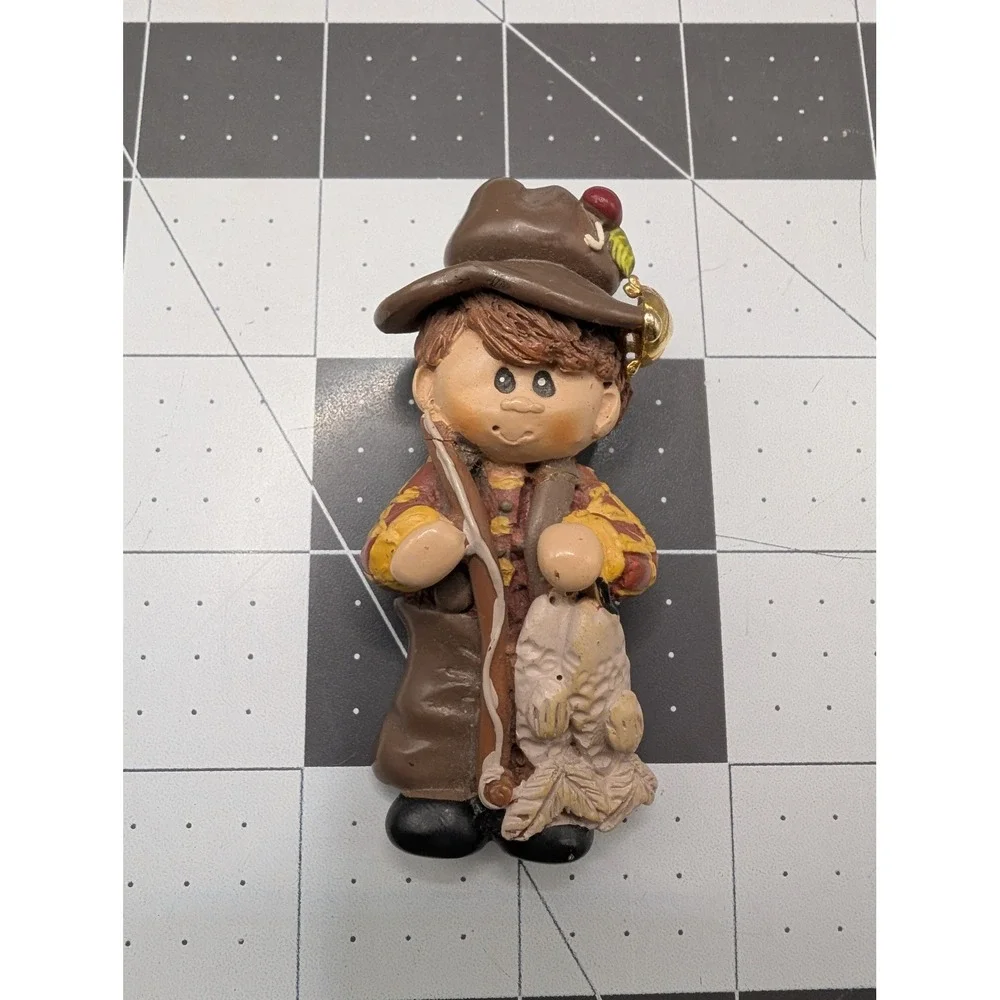 Fisherman Boy Resin Brooch Pin Novelty Fishing Jewelry Brown Yellow Vintage
